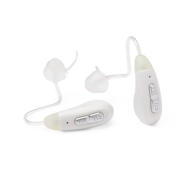 Two Medline Rechargeable Digital OTC Behind-The-Ear Hearing Aids in white, each with clear ear domes, thin tubes, and visible +, -, M buttons for volume and mode. Effective noise reduction included.