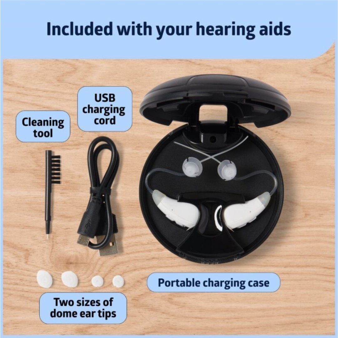 A Medline Rechargeable Digital OTC Hearing Aid kit on a wood surface features two behind-the-ear hearing aids in a portable charging case, USB charging cord, cleaning brush, and two sizes of white dome ear tips, with text labels for each item.