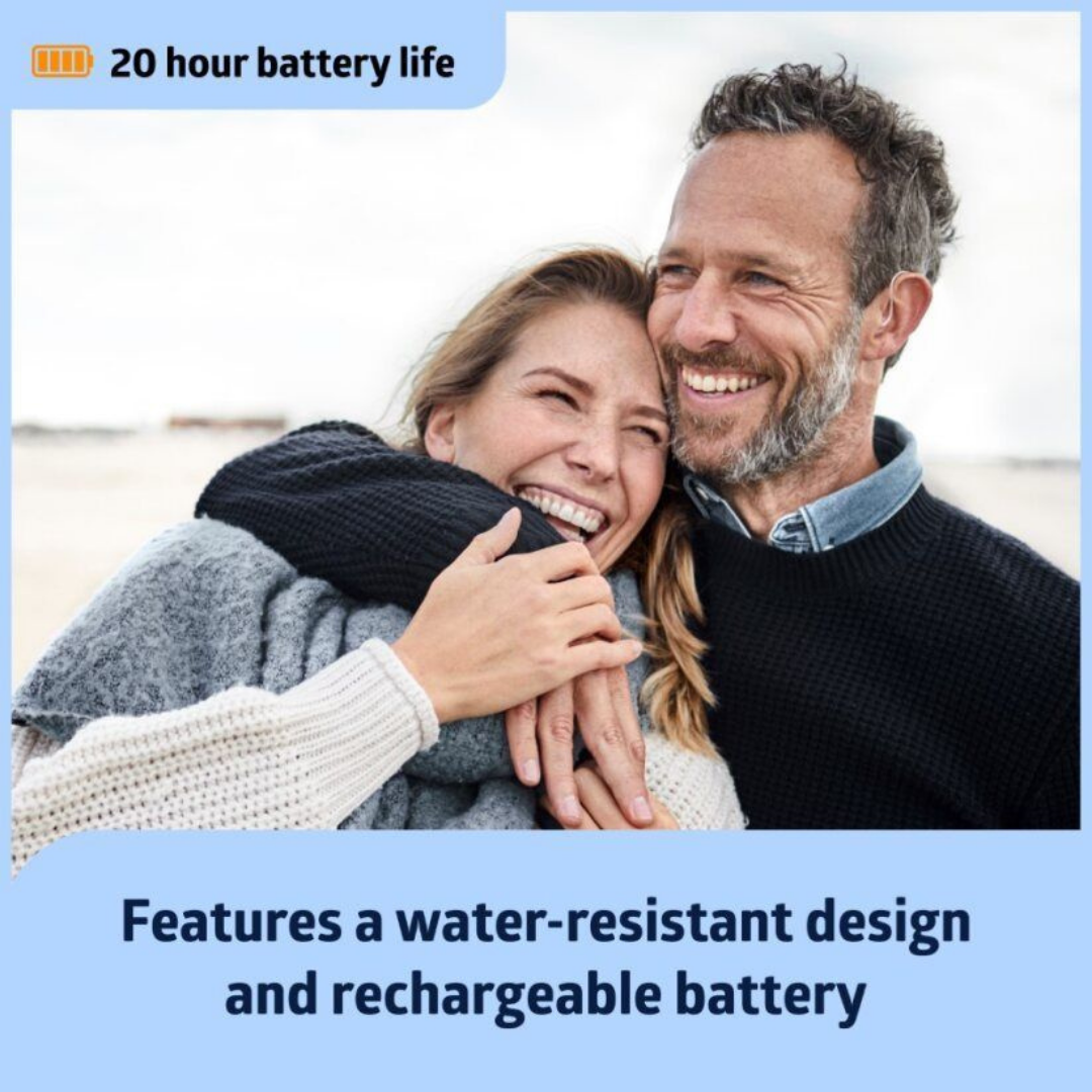 A smiling couple embraces outdoors in warm clothes. Text above: 20-hour rechargeable battery life. Below: Medline Rechargeable Digital OTC Hearing Aid—behind-the-ear, water-resistant, with noise reduction.