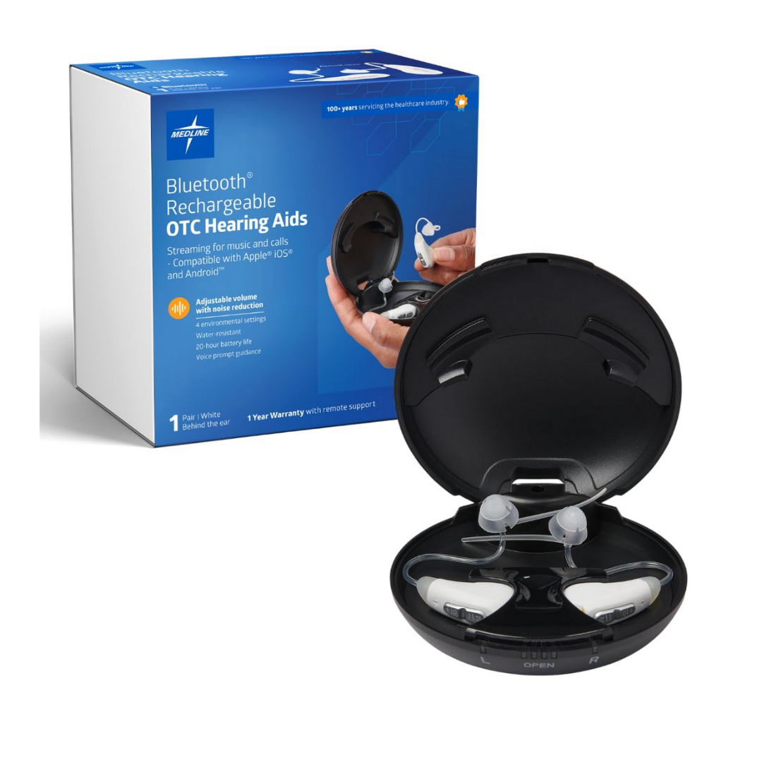 A pair of Medline Bluetooth Rechargeable OTC Hearing Aids - Behind The Ear are displayed in an open black case next to their box, which features highlights like streaming, rechargeability, and personalized listening compatibility.