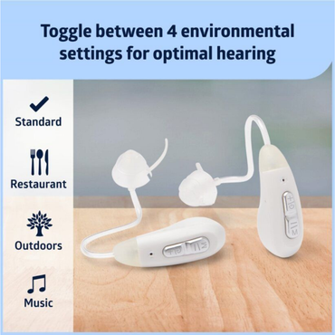 Two white Medline Bluetooth Rechargeable OTC Hearing Aids - Behind The Ear are shown with four environmental modes—Standard, Restaurant, Outdoors, and Music—letting you switch settings for clear hearing in any situation.