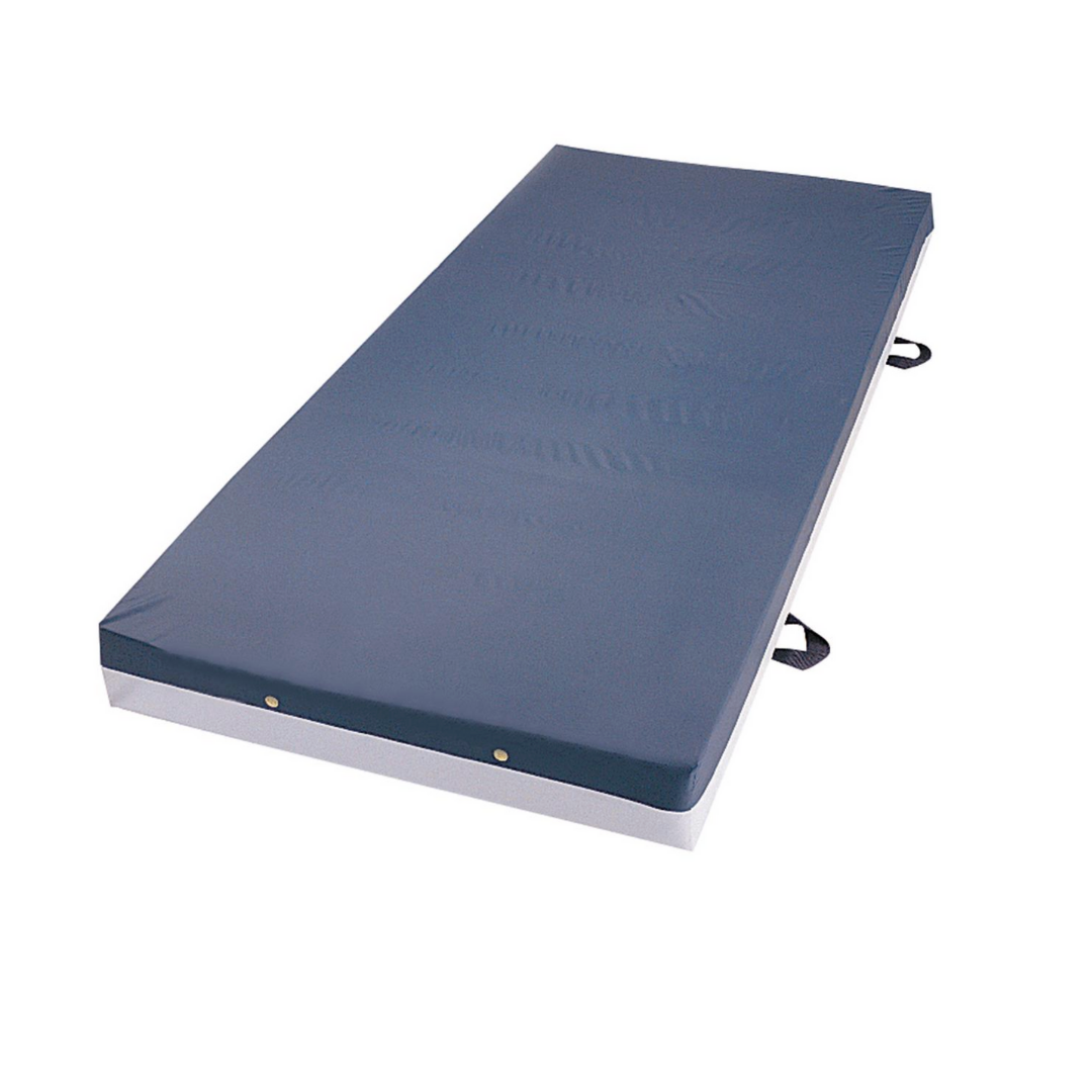 The Medline Bariatric Foam Mattress with Fire Barrier supports up to 1,000 lbs, features high-resiliency orthopedic foam, a dark blue waterproof cover, black side handles, and is shown against a white background.