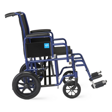 The Medline Folding Bariatric Transport Chair is a blue and black manual heavy-duty wheelchair with a cushioned seat and backrest, equipped with two large rear wheels, two smaller front wheels, swing-away footrests, and a handlebar for pushing. It is designed to support a high weight capacity comfortably.