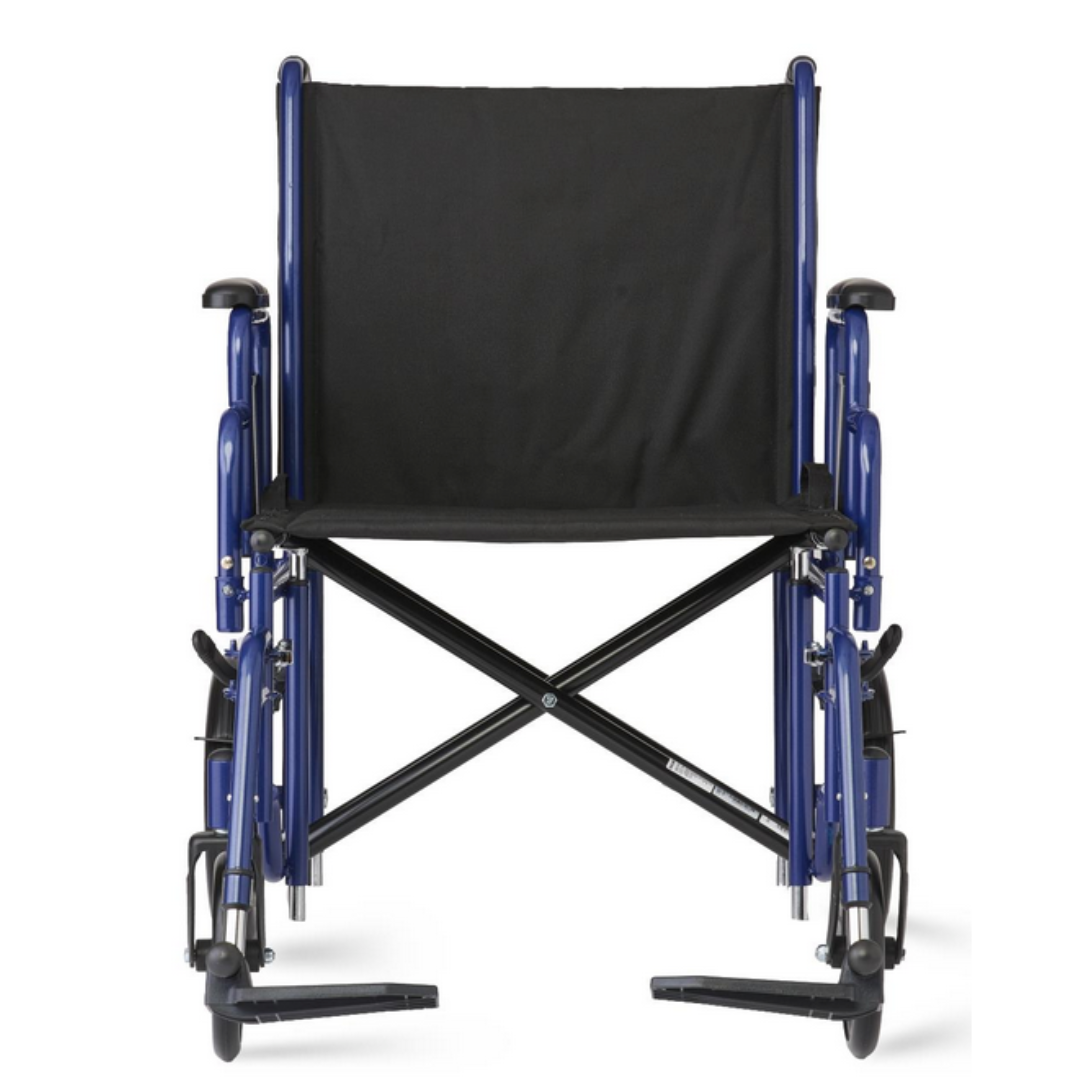 Front view of a Medline Folding Bariatric Transport Chair, featuring a blue frame and black seat with armrests. Its designed for mobility assistance with swing-away footrests and high weight capacity. The image shows the heavy-duty wheelchair upright against a plain white background.