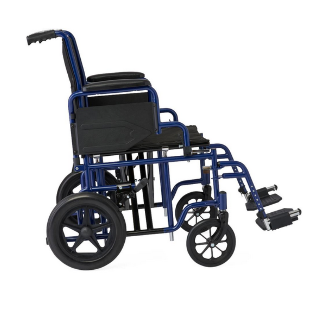 The Medline Folding Bariatric Transport Chair features a blue frame, black cushioned seat, armrests, large rear wheels, smaller front wheels, and swing-away footrests. Designed for heavy-duty support and comfort in mobility.