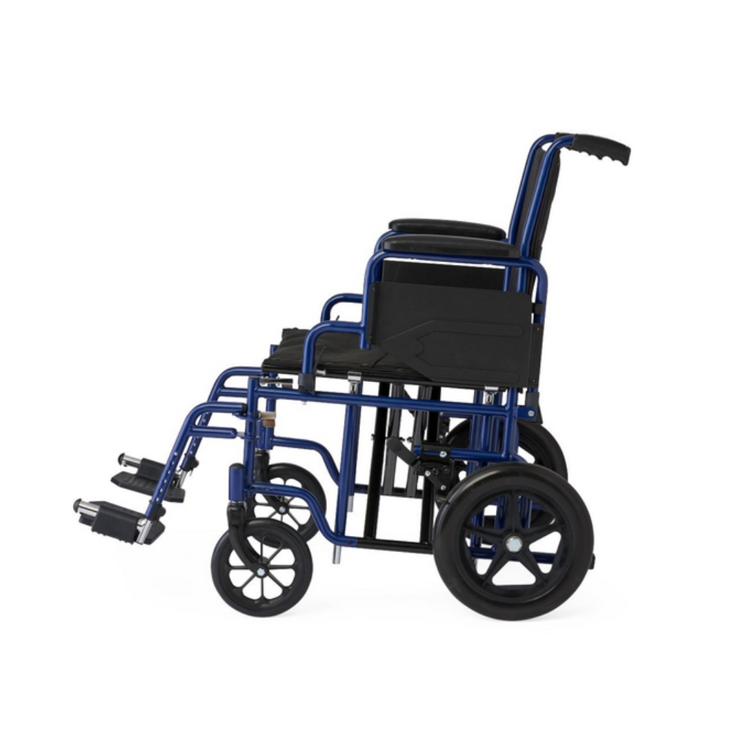 The Medline Folding Bariatric Transport Chair, shown in blue with black armrests and swing-away footrests against a white background, features large rear wheels and smaller front ones for comfortable mobility and effortless maneuverability.