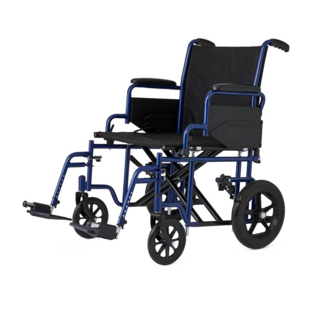 The Medline Folding Bariatric Transport Chair is a blue and black lightweight, heavy-duty wheelchair with padded armrests and swing-away footrests. It features large rear wheels, smaller front wheels for easy maneuverability, and a durable black fabric seat and backrest for comfort during extended use.