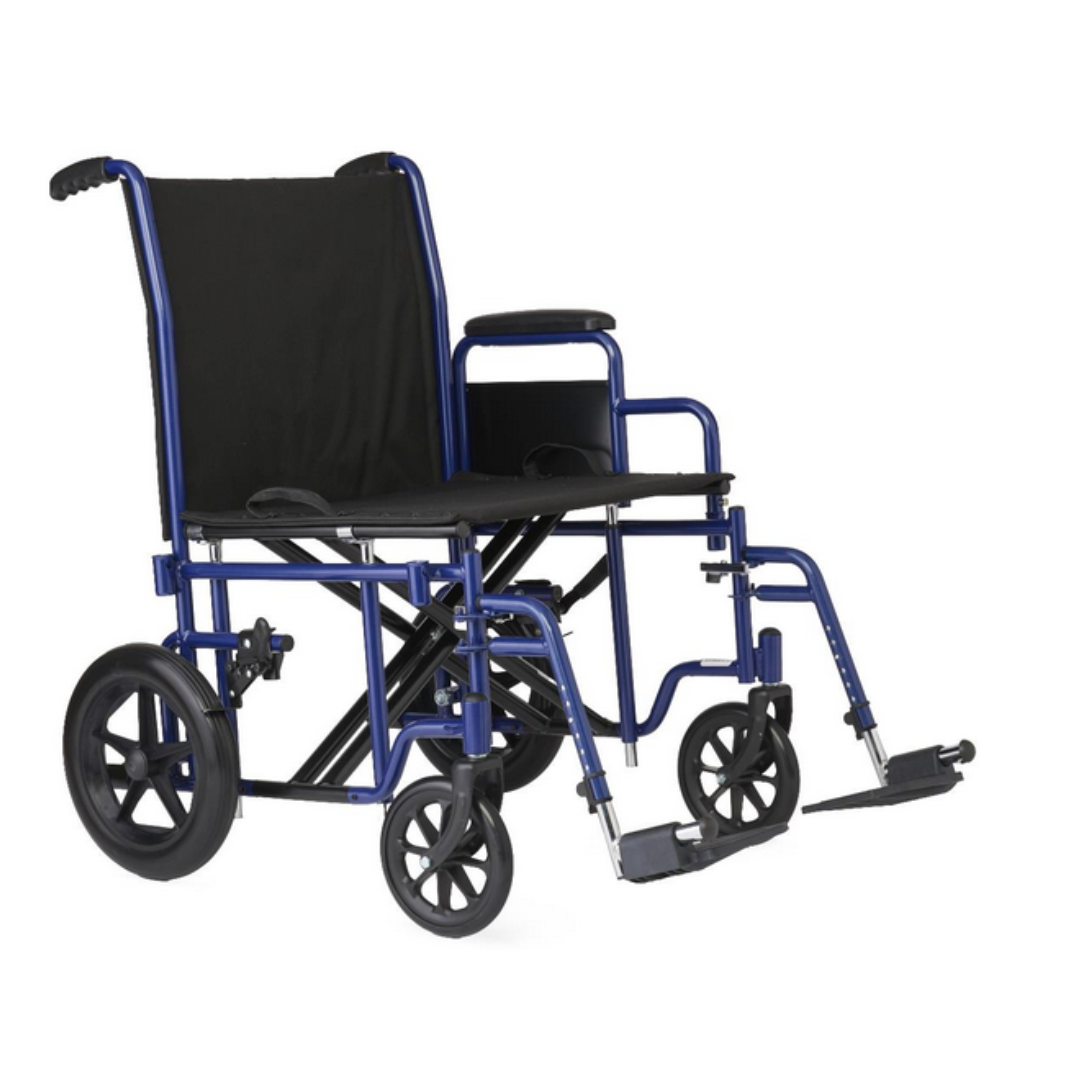 The Medline Folding Bariatric Transport Chair with Swing-Away Footrests is a blue, lightweight manual wheelchair designed for easy mobility and support, featuring black upholstery, large rear wheels, small front casters, armrests, footrests, and a heavy-duty build for high weight capacity.
