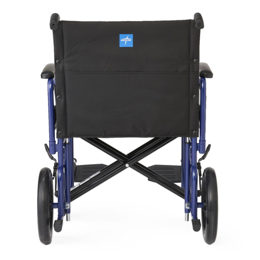 Rear view of the blue-framed Medline Folding Bariatric Transport Chair with black upholstery, featuring large black rear wheels and smaller front wheels. It folds with footrests parallel, ensuring heavy-duty support and high weight capacity.
