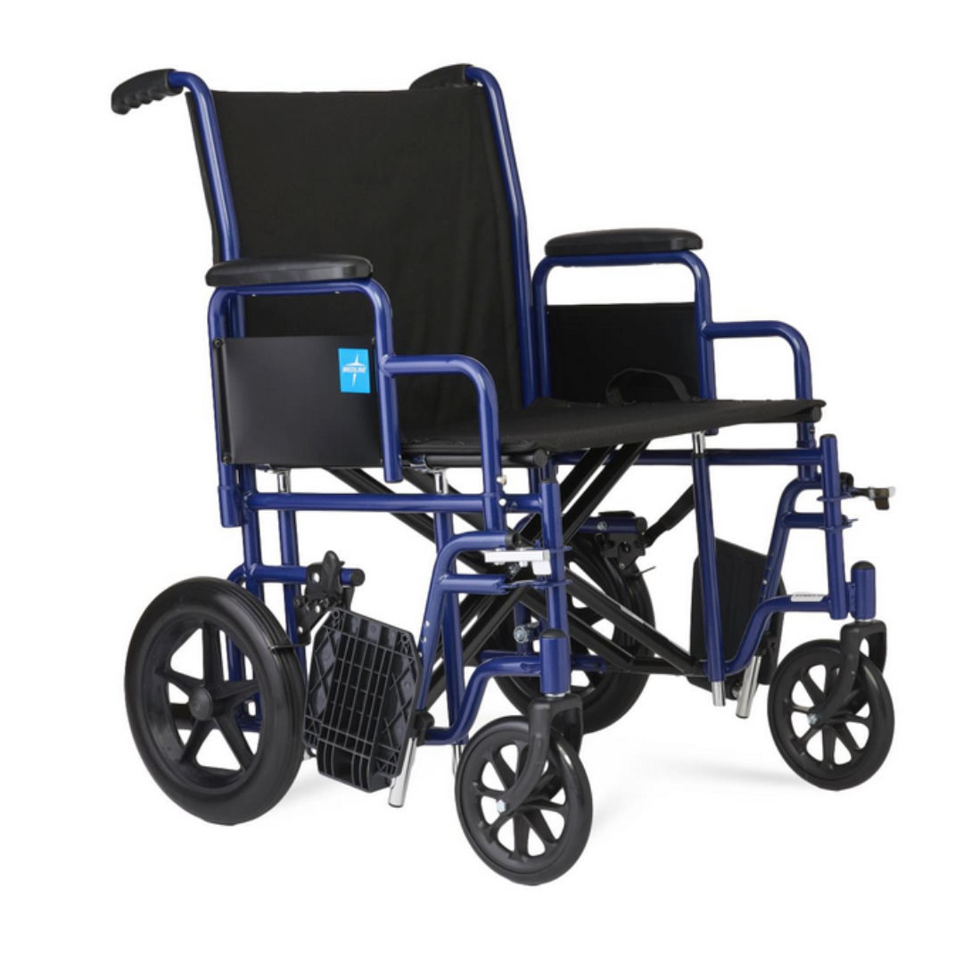 The Medline Folding Bariatric Transport Chair, in blue and black, features large rear wheels, smaller front wheels, armrests, a black seat with back support, swing-away footrests, and heavy-duty construction. Displayed on a white background, this high-weight-capacity chair is designed for optimal support.
