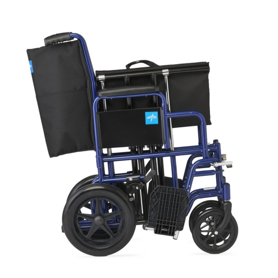 The image shows a folded Medline Folding Bariatric Transport Chair with Swing-Away Footrests. It has a black seat and armrests, large rear wheels, and smaller front wheels for comfortable mobility. Its compact size makes it easy to store or transport. The chair is blue in color.