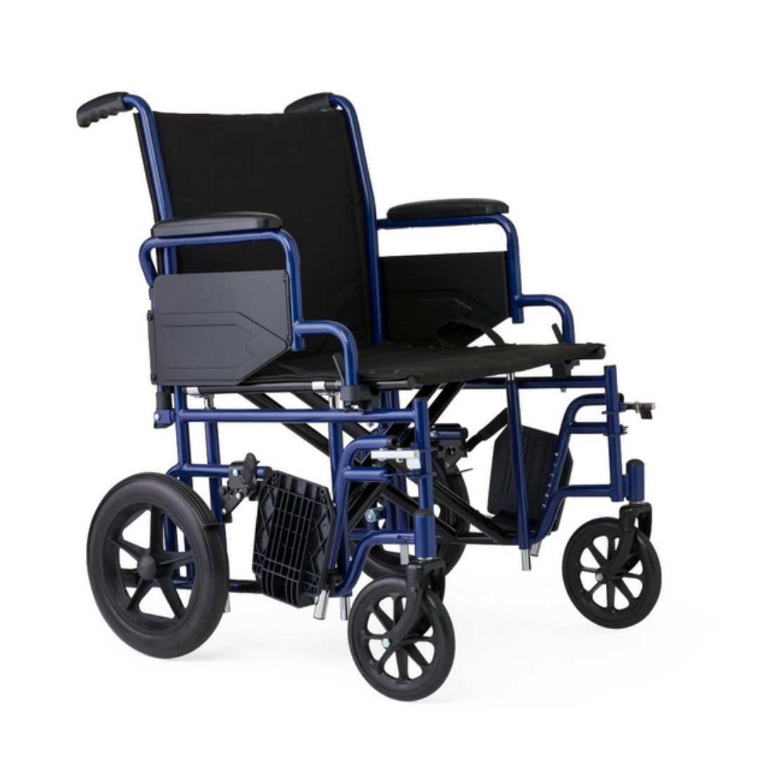 The Medline Folding Bariatric Transport Chair features a foldable design, large rear wheels, small front wheels, blue and black frame, and armrests. The black seat and backrest provide comfortable support for heavy-duty mobility needs.