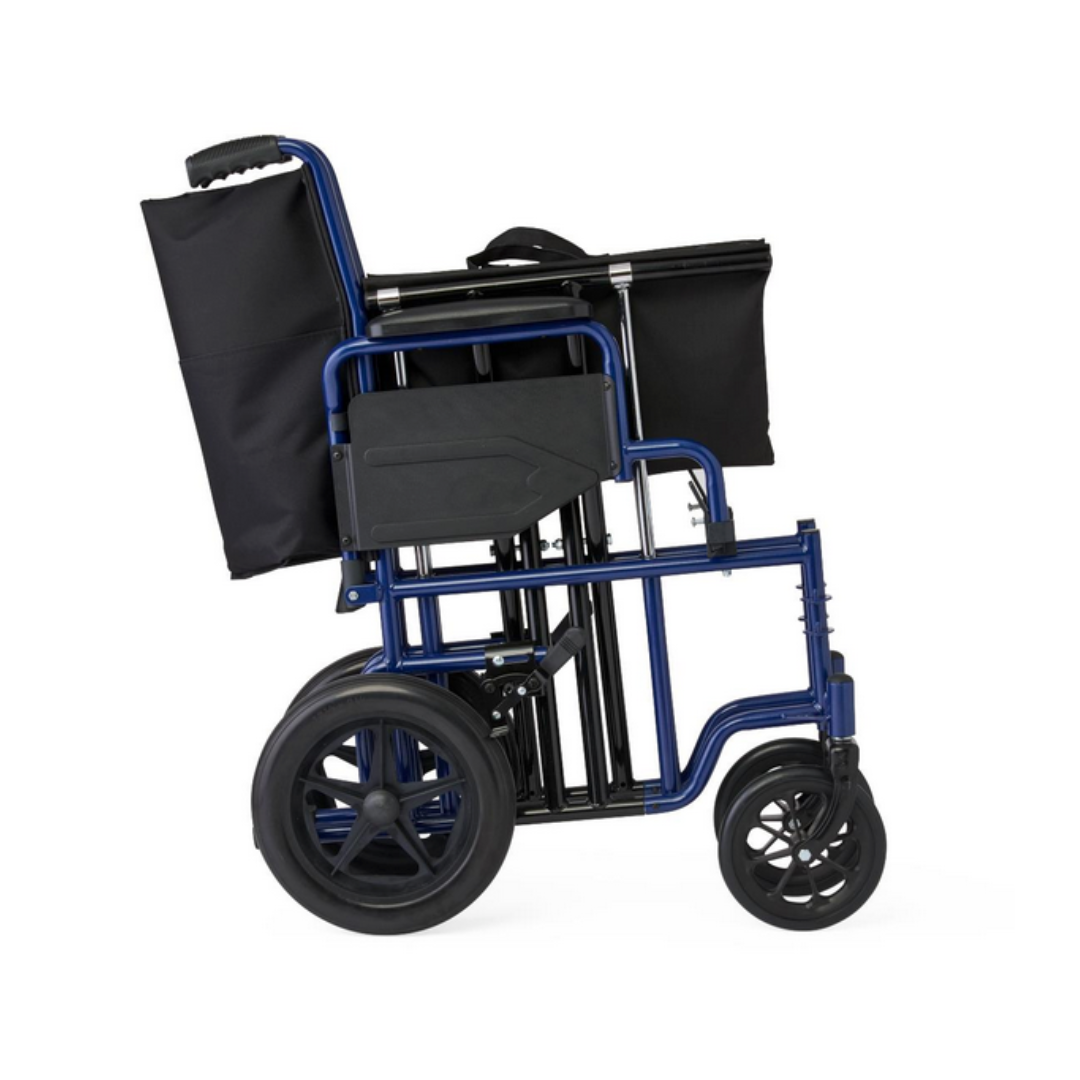 The Medline Folding Bariatric Transport Chair is shown from the side, featuring a blue heavy-duty frame with black upholstery. It includes swing-away footrests, large rear wheels, and smaller front wheels for comfortable mobility. Its compact design allows for easy storage or transport.
