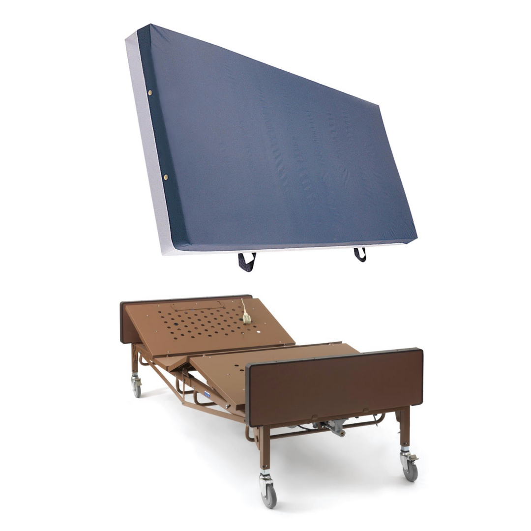 The Medline Bariatric Full Electric Homecare Bed features a durable all-steel frame on wheels, shown with head and leg sections elevated, and is topped with a blue foam mattress with carrying handles.