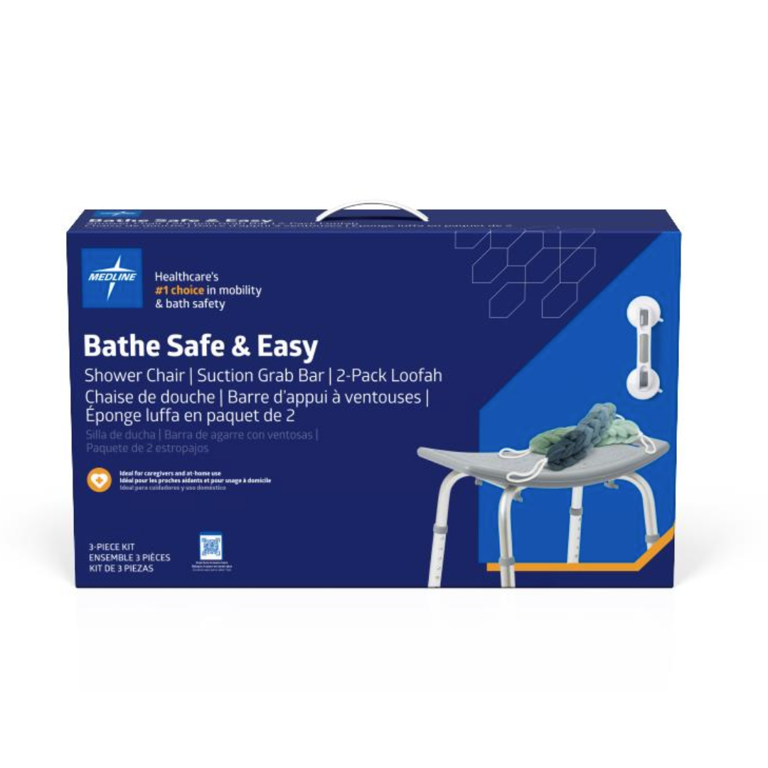 A blue Medline Bathe Safe & Easy Kits for Caregivers box features a shower chair, suction grab bar, and two-pack loofah, with images and features listed in English, Spanish, and French on the package.