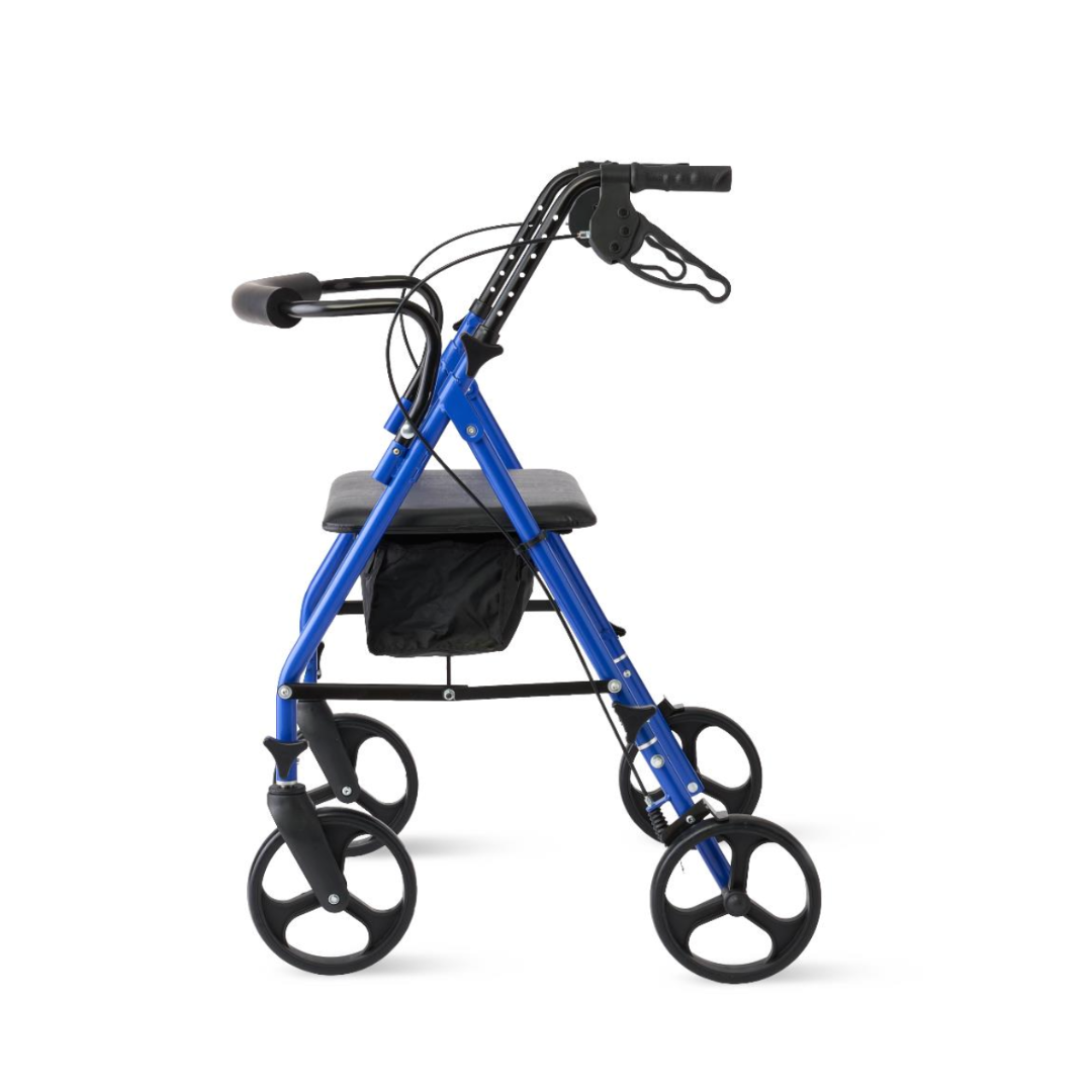 The Medline Heavy-Duty Bariatric Rollator with 8" wheels features a blue frame, black seat, storage pouch, and handlebars with brakes for reliable mobility support; pictured against a white background.