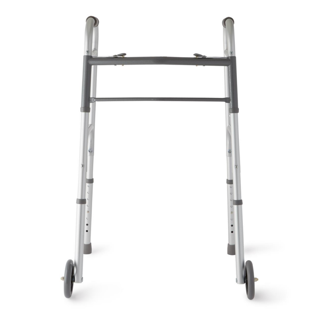 The Medline Two-Button Folding Walker features a front view with an aluminum frame, two 5 wheels on the front legs, adjustable height settings for mobility aid, and a horizontal support bar across the middle for reliability.