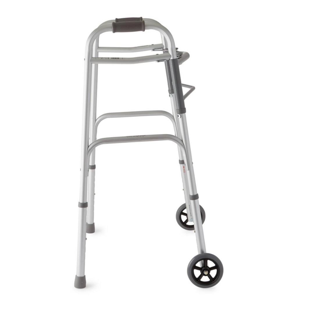 The Medline Two-Button Folding Walker with 5 Wheels is an aluminum mobility aid offering convenience and comfort with a silver frame, two front black wheels, cushioned handles, adjustable height settings, and rubber-tipped back legs for stability.