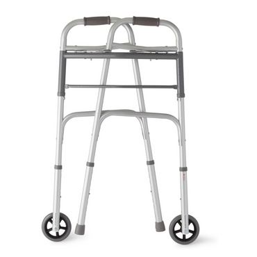 The Medline Two-Button Folding Walker with 5 Wheels showcases a lightweight silver frame, two front wheels, and black rubber handles as a mobility aid. It offers adjustable height legs for personalized comfort and two bars for added stability.