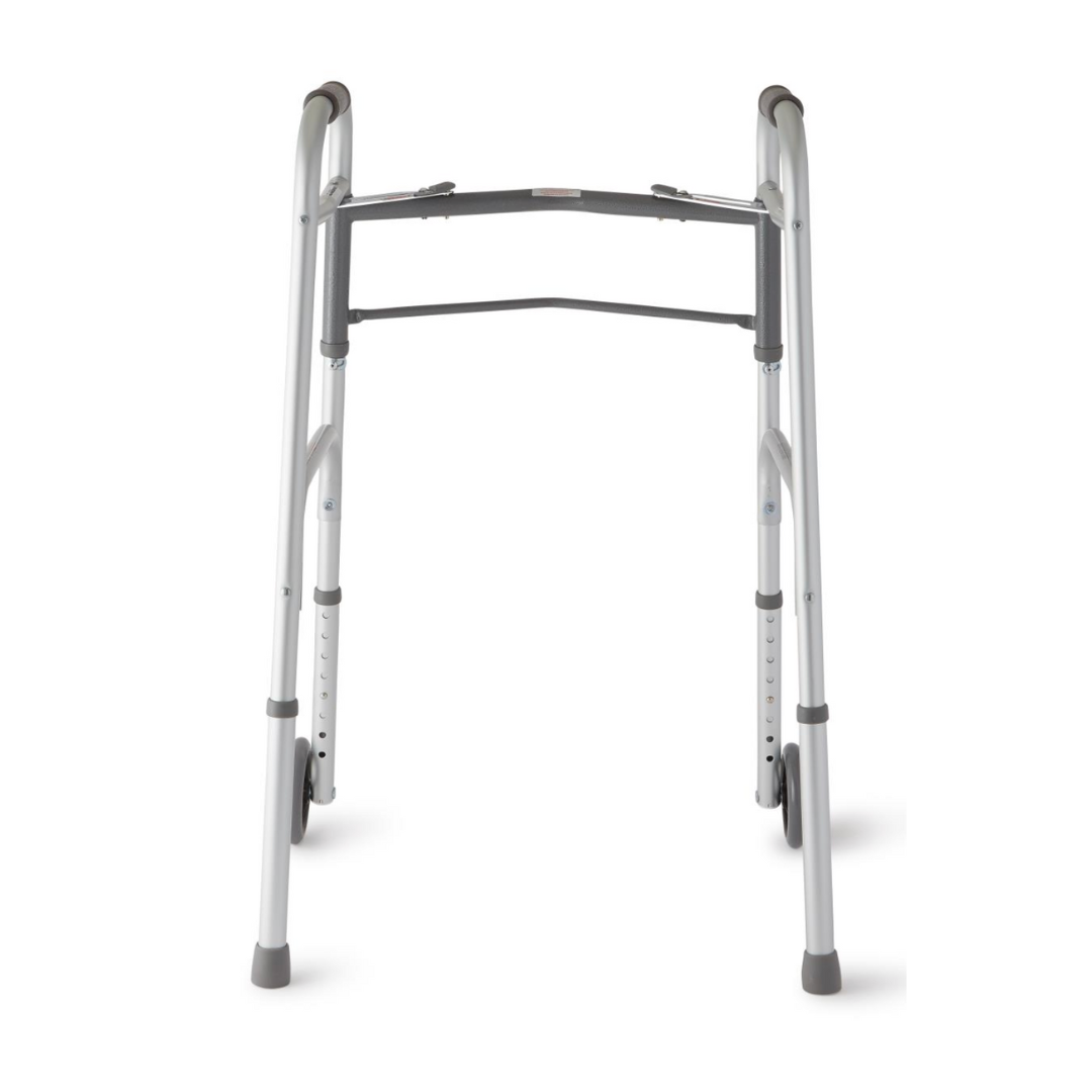 The Medline Two-Button Folding Walker with 5 Wheels is a sleek aluminum mobility aid featuring two handles, front wheels, and rubber-tipped legs for stability. It offers an adjustable height mechanism to enhance ease and comfort during movement.