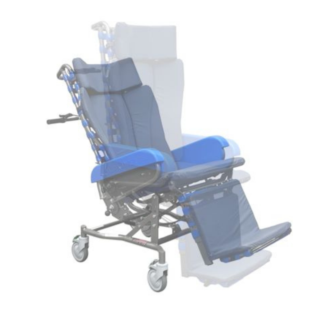 The Med-Mizer FLEXTILT Reclining Transfer Chair is shown in blue, with wheels and semi-transparent outlines depicting its multiple tilt-in-space recline positions, highlighting its adjustability and mobility support.