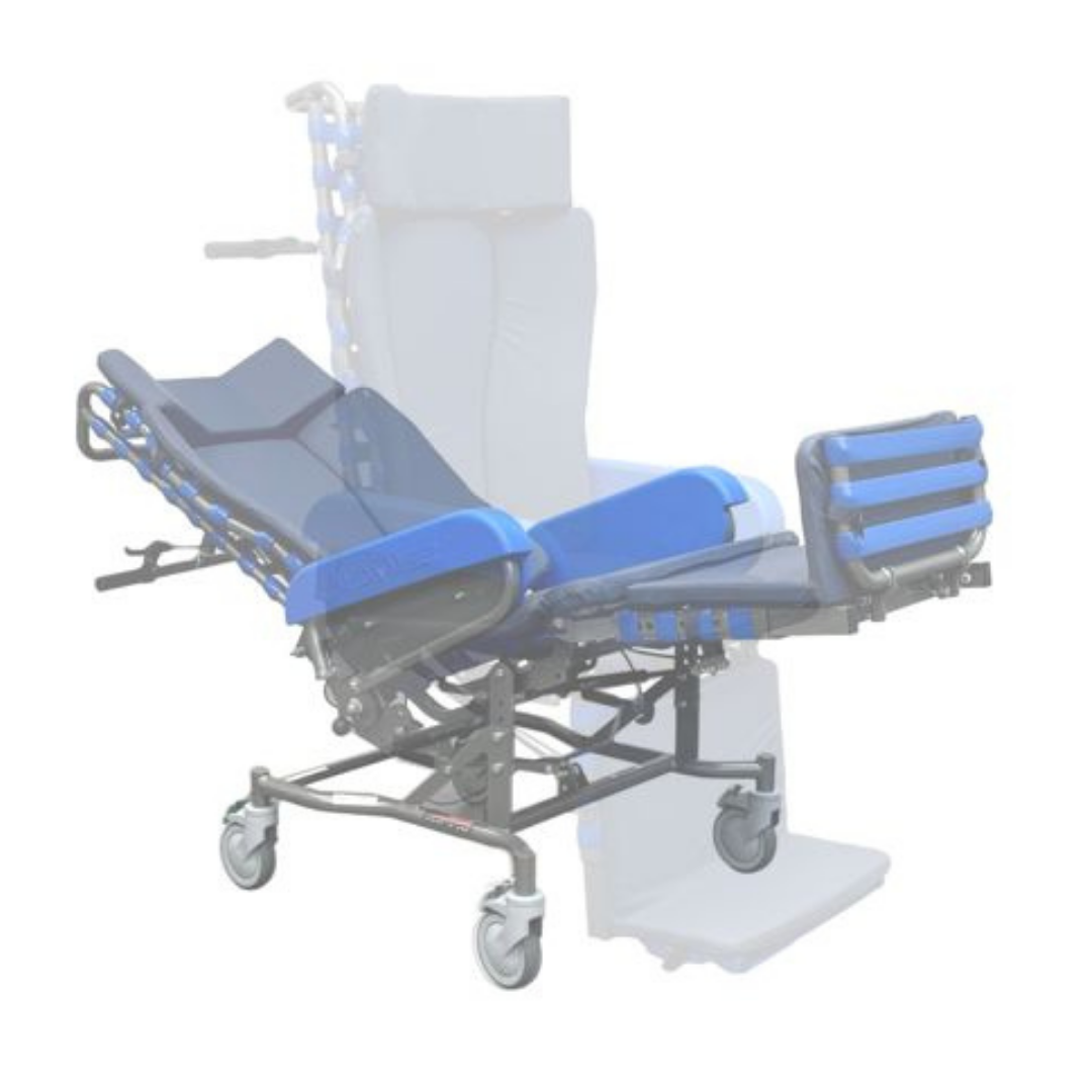 The Med-Mizer FLEXTILT Reclining Transfer Chair, in blue and black with wheels and padded sections, is shown upright and reclined—highlighting its ergonomic comfort, adjustable recline, mobility support, and versatile patient use.