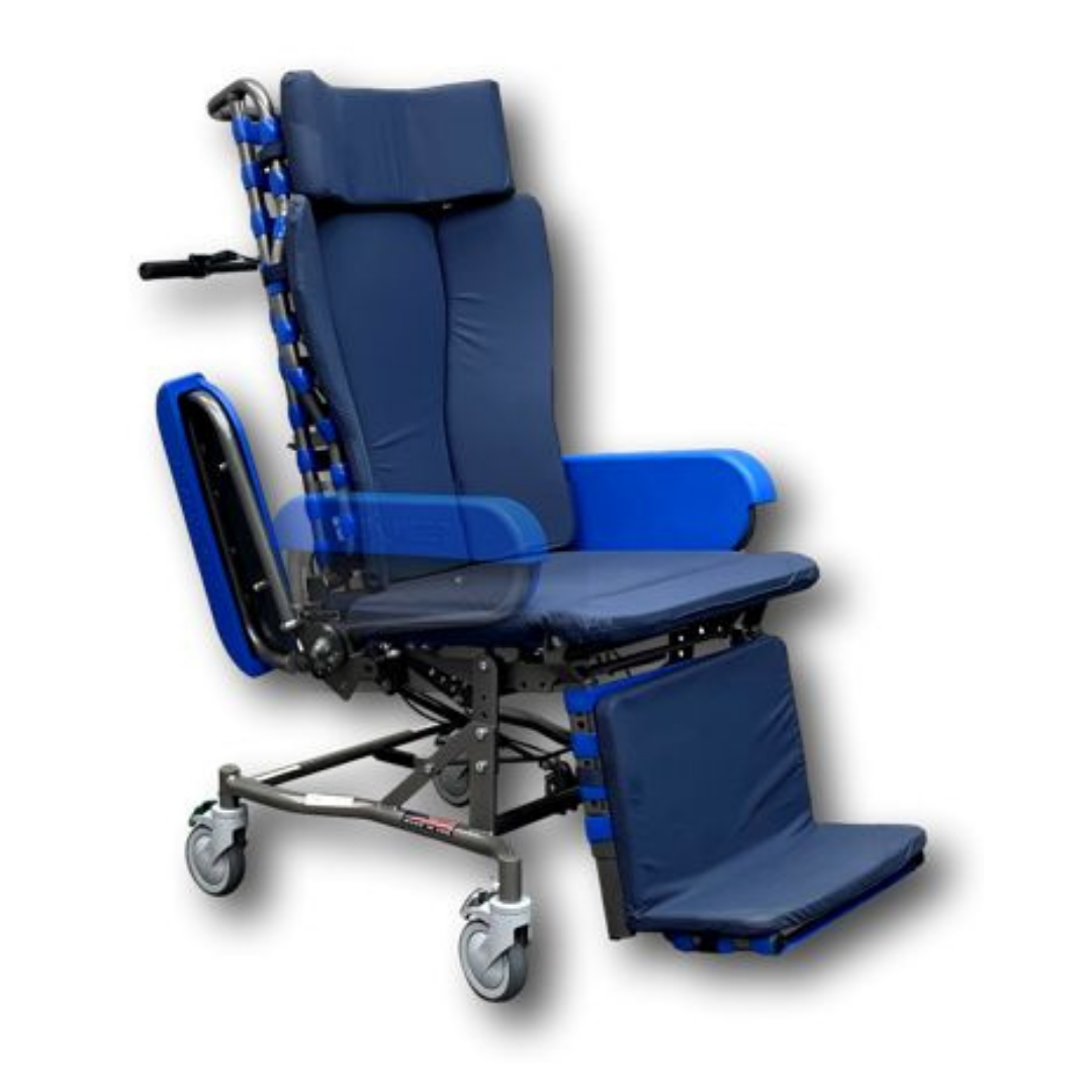 The Med-Mizer FLEXTILT Reclining Transfer Chair features blue and black padding, adjustable headrest and armrests, elevated leg support, and four caster wheels to provide comfortable mobility support.