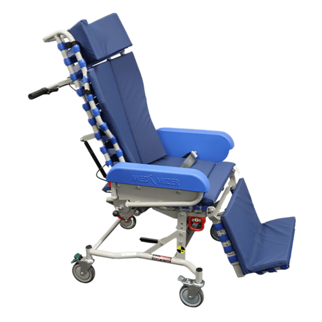 The Med-Mizer FLEXTILT Reclining Transfer Chair in blue and gray offers a padded seat, backrest, leg support, adjustable headrest, armrests, wheels, and handles for comfortable patient transport and mobility in medical settings.