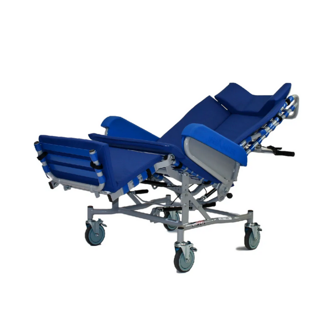 The Med-Mizer FLEXTILT Reclining Transfer Chair features an adjustable backrest and leg support, four locking wheels for mobility, and is designed to provide comfort and support for patient transport or care.