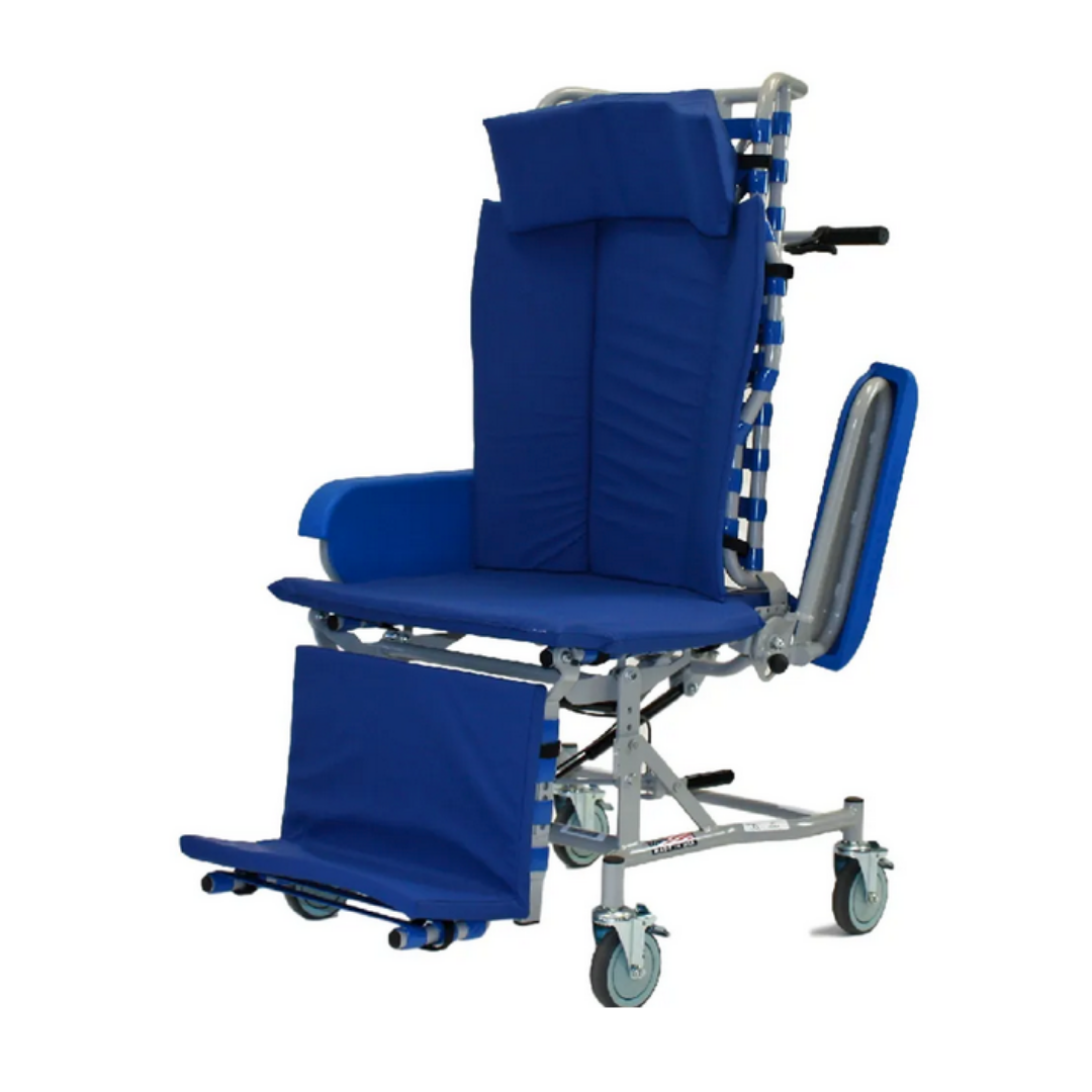 The Med-Mizer FLEXTILT Reclining Transfer Chair is a blue, padded medical shower and commode chair with adjustable backrest, leg and side supports, wheels for mobility, and tilt-in-space function for enhanced comfort and positioning.