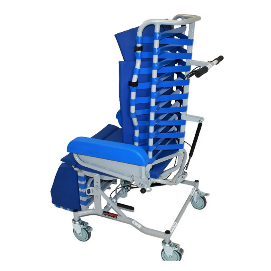 The Med-Mizer FLEXTILT Reclining Transfer Chair in blue and silver features a flexible slatted backrest, padded armrests, and four caster wheels for patient mobility support and easy transfers.
