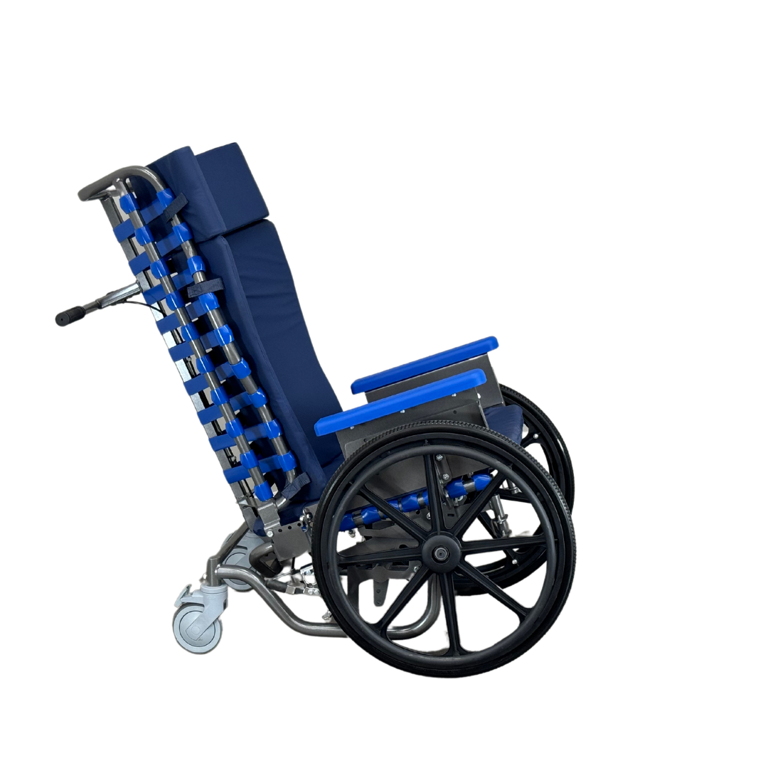 A side view of the Med-Mizer FLEXTILT Reclining Transfer Chair, featuring a blue and silver tilt-in-space design, high backrest, padded seat, and large rear wheels for comfort and support, shown against a white background.