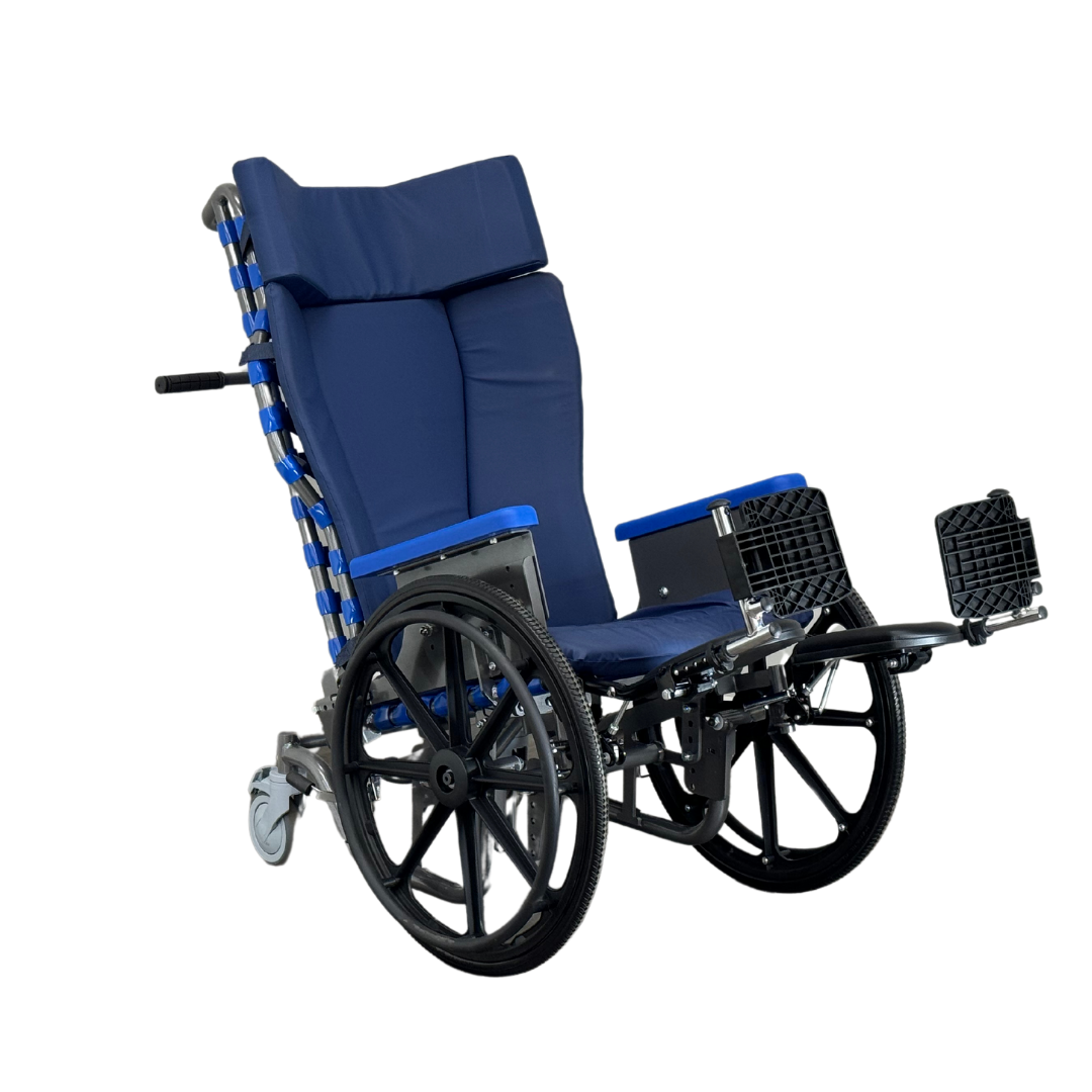 The Med-Mizer FLEXTILT Reclining Transfer Chair features a blue padded seat, large black rear wheels, small front casters, adjustable leg rests, and a high backrest, displayed on a white background.