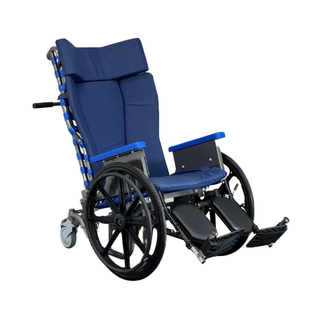The Med-Mizer FLEXTILT Reclining Transfer Chair is a blue padded tilt-in-space chair with large rear wheels, smaller front wheels, elevated leg rests, and head support for comfort and mobility assistance.