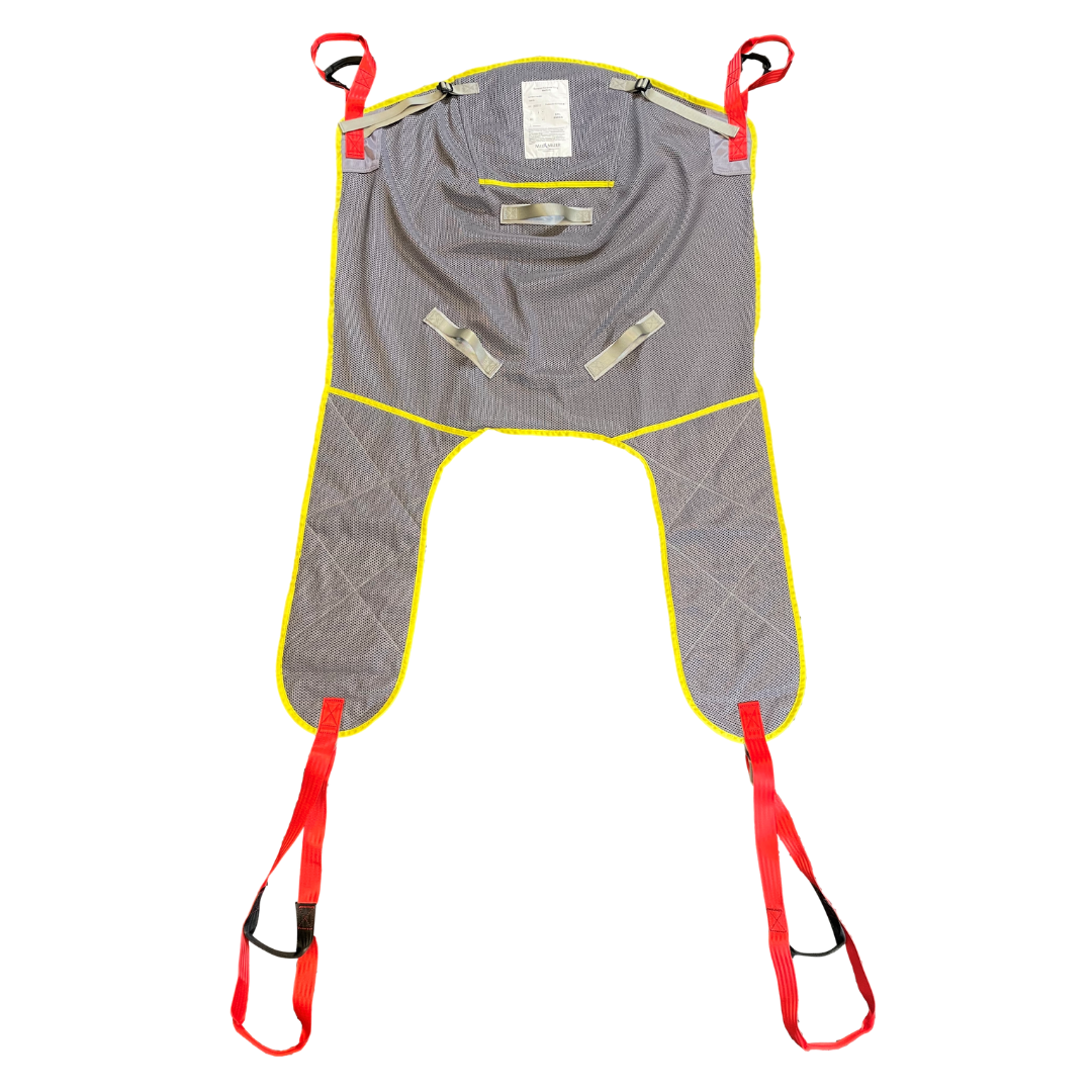 The Med-Mizer MedRiser 600 Patient Lift sling is gray and yellow with red and black end straps, designed for safe transfer of people with mobility impairments. Laid flat and viewed from above, its ideal for use with a fully electric patient lift.