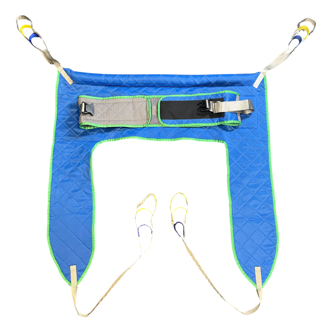 The Med-Mizer MedRiser 600 Patient Lift features a blue and green fabric sling with adjustable straps and loops, designed for safe patient handling and secure transfers in healthcare settings.