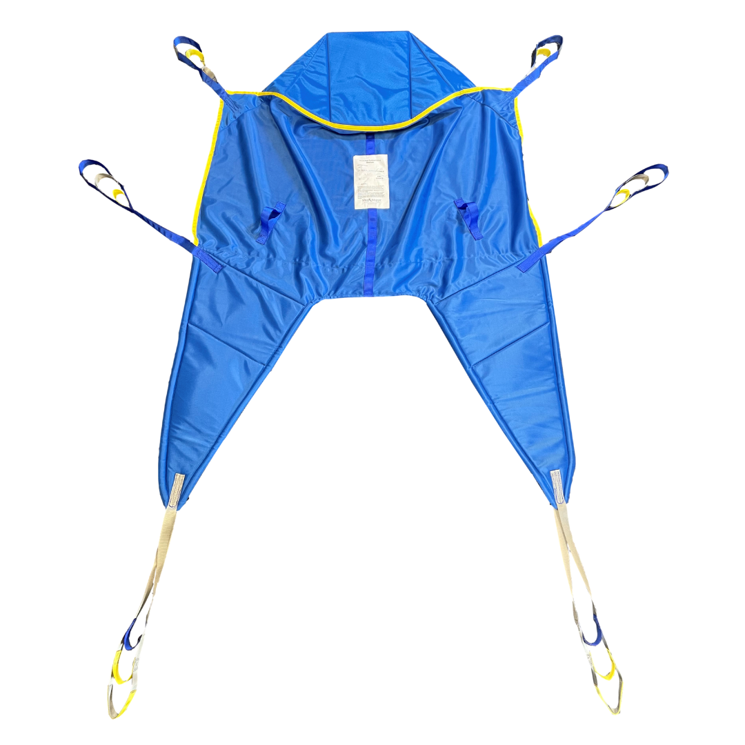 The Med-Mizer MedRiser 600 Patient Lift features a blue fabric sling with reinforced edges and four straps at each corner, designed for safe patient handling and secure transfers using a lift or hoist.