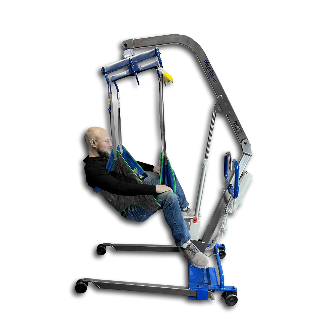 A man sits in a sling attached to a Med-Mizer MedRiser 600 Patient Lift, a blue and gray fully electric device with wheels and sturdy metal supports, designed for safe patient handling and mobility assistance against a white background.