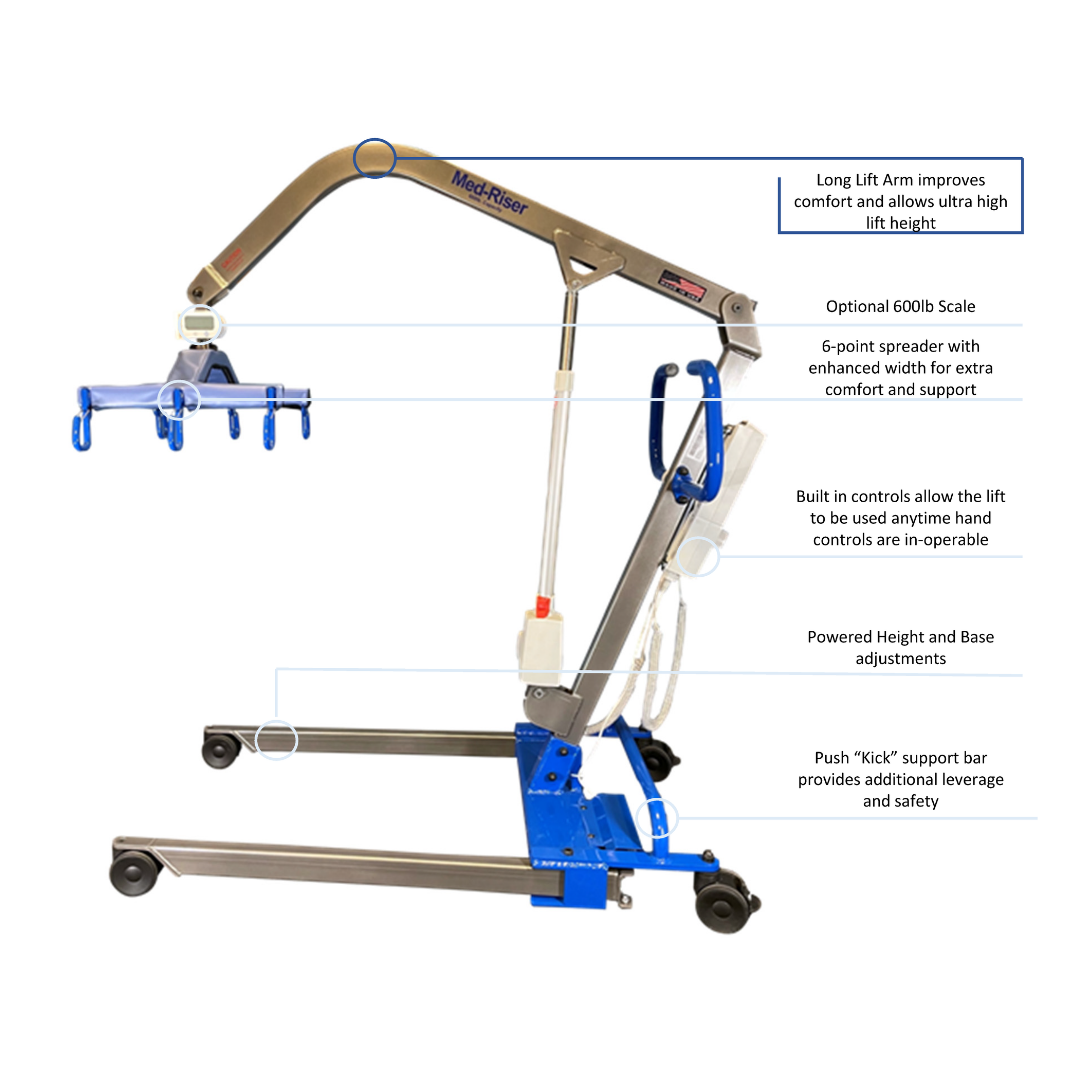 The Med-Mizer MedRiser 600 Patient Lift is a fully electric lift featuring a long lift arm, 6-point spreader, optional scale, built-in controls, powered height/base adjustments, and a kick support bar for safe patient handling.