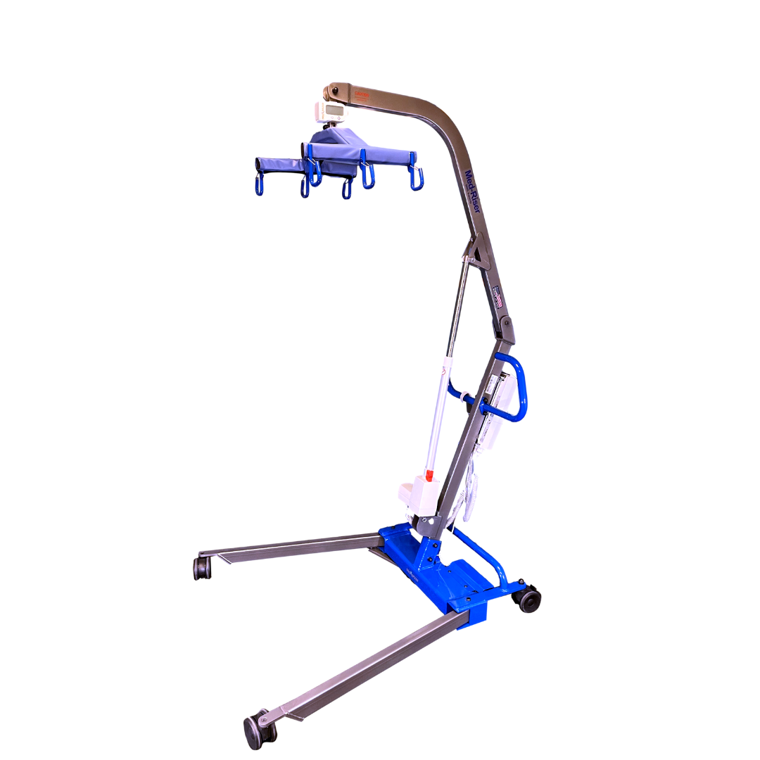 The Med-Mizer MedRiser 600 Patient Lift is a blue and gray fully electric lift with a wheeled base, adjustable arm, and four-hook sling, designed for safe handling of mobility-impaired users. Shown isolated on a white background.