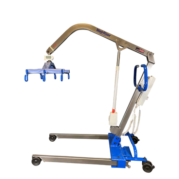The Med-Mizer MedRiser 600 Patient Lift is a blue and silver lift with wheels, a mechanical arm, and sling attachment, designed for safe lifting and transferring of individuals with limited mobility.