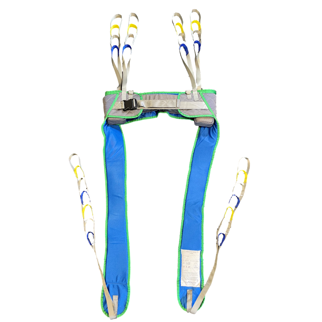 The Med-Mizer MedRiser 600 Patient Lift features a blue and gray padded sling with multiple adjustable straps and loops, designed for safe patient handling, shown isolated on a white background.