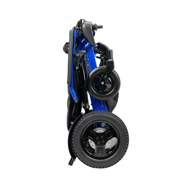 The Forcemech Navigator PRO Bariatric Portable Powerchair—FAA Approved—is shown fully collapsed and upright, featuring large rear wheels and smaller front wheels against a white background, showcasing true mobility innovation.