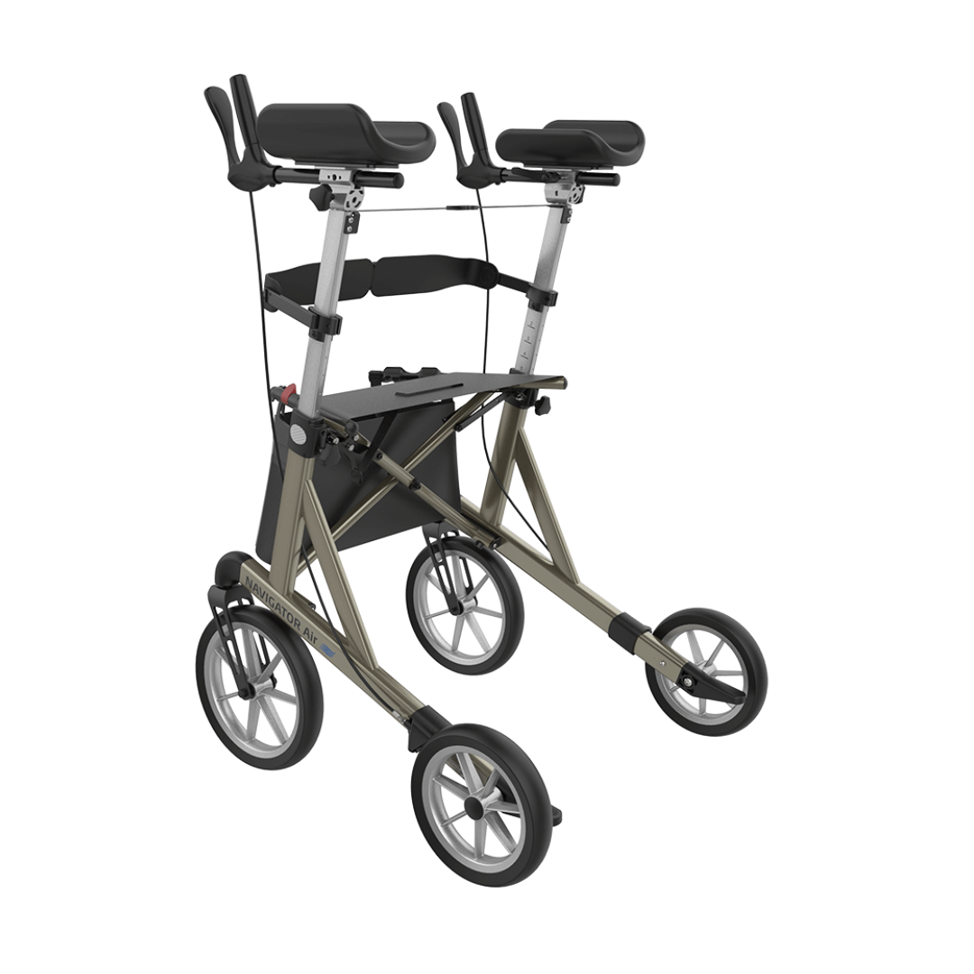 The Rehasense Navigator Air Portable Upright Rolling Walker features four large wheels, padded armrests, adjustable handles, and a black storage pouch under a metallic upright frame. See specifications for detailed mobility support features.