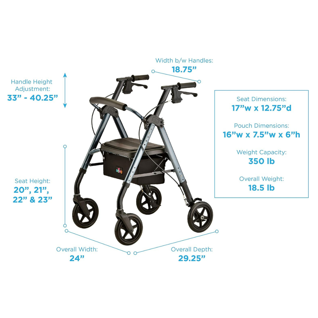 Nova Medical Star DX Rollator Walker with Wide Padded Seat & 8” Wheels full specifications and dimensions