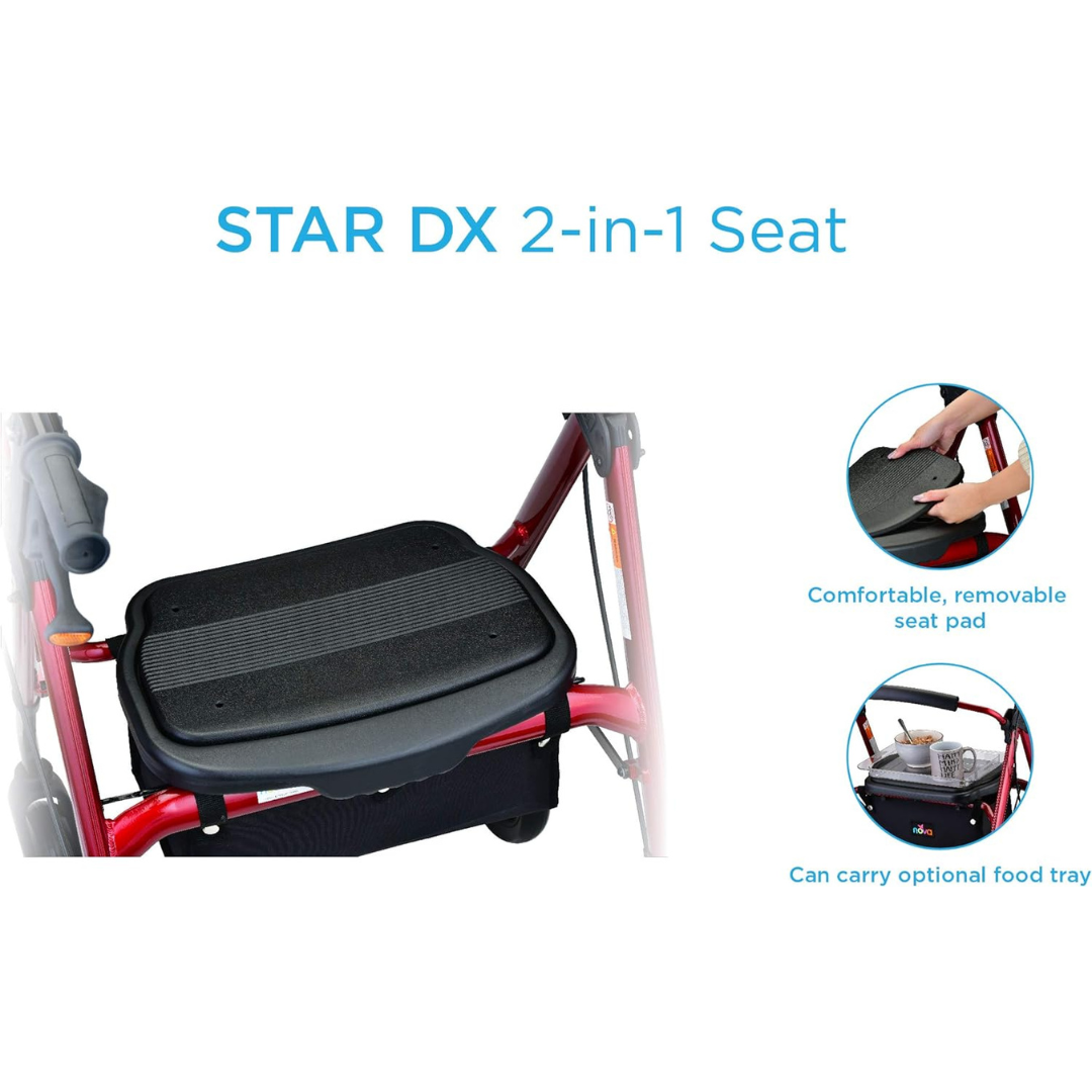 Nova Medical Star DX Rollator Walker has a 2-in-1 seat that is extra wide and very comfortable