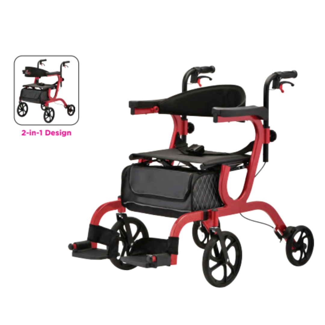 The Nova Medical Gemini 2-in-1 Rollator Transport Chair in Carbon Black features a seat, backrest, push handles, and four large wheels. A diagram illustrates its dual functionality as both a walking aid and transport chair.