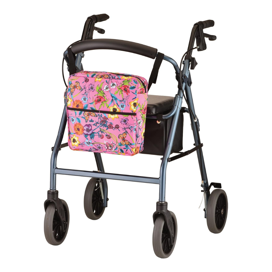 The Enchanted Garden design for the Nova Medical Mobility Storage Bag fits on all rollators and has many storage compartments