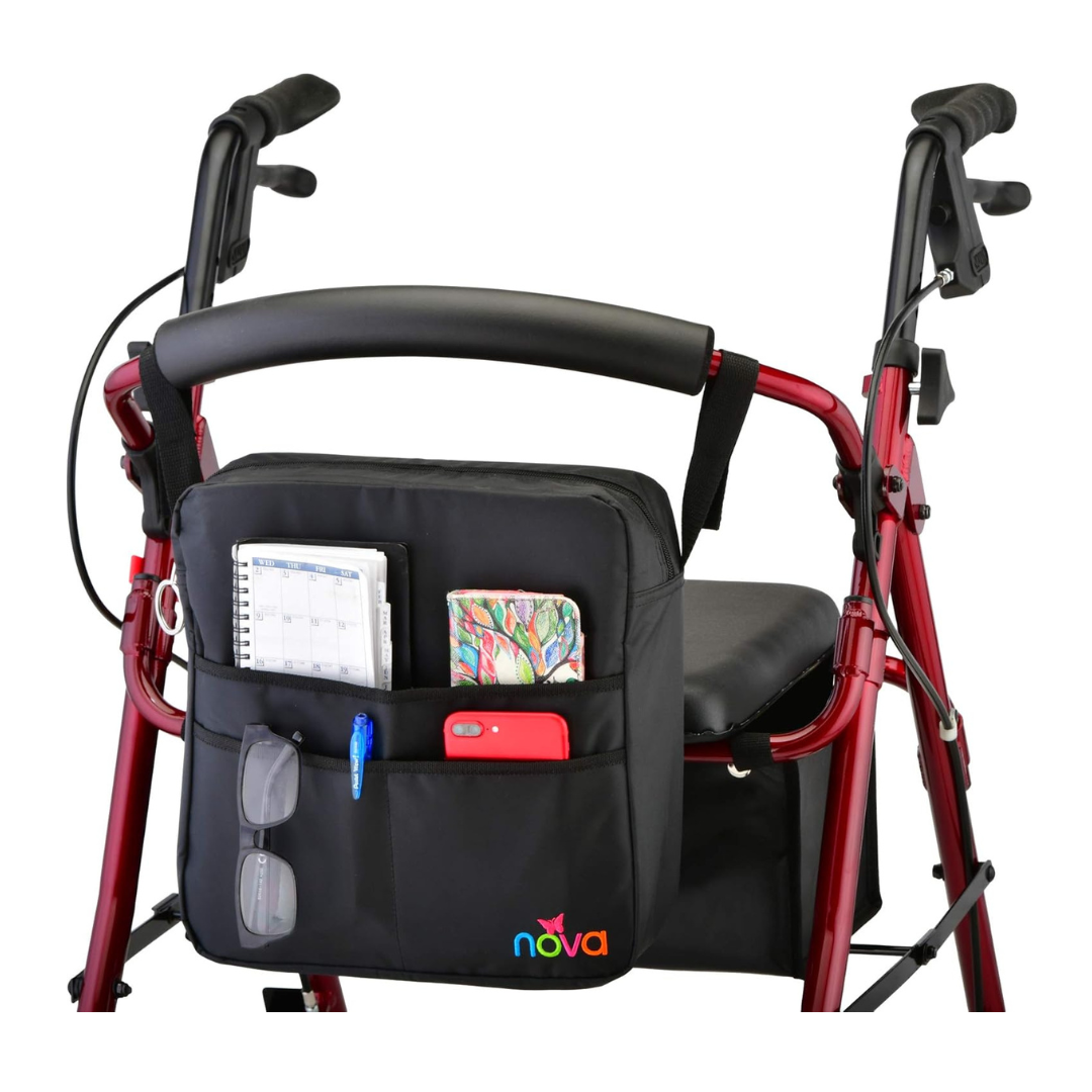 The Black Nova Medical Mobility Storage Bag fits perfect on the front of all rollators and has many storage compartments