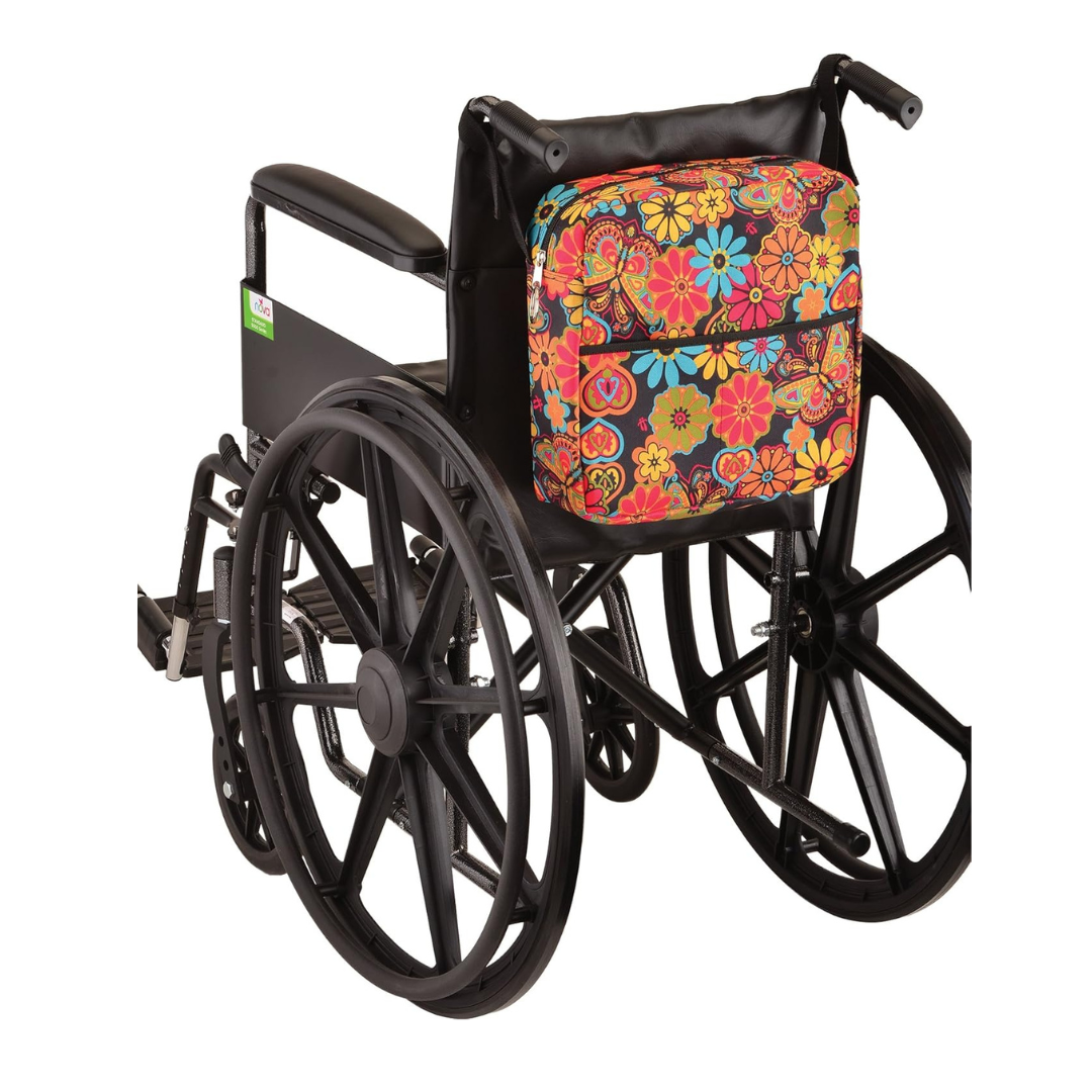The BOHO Blossoms design for the Nova Medical Mobility Storage Bag can hang on the back of any wheelchair easily